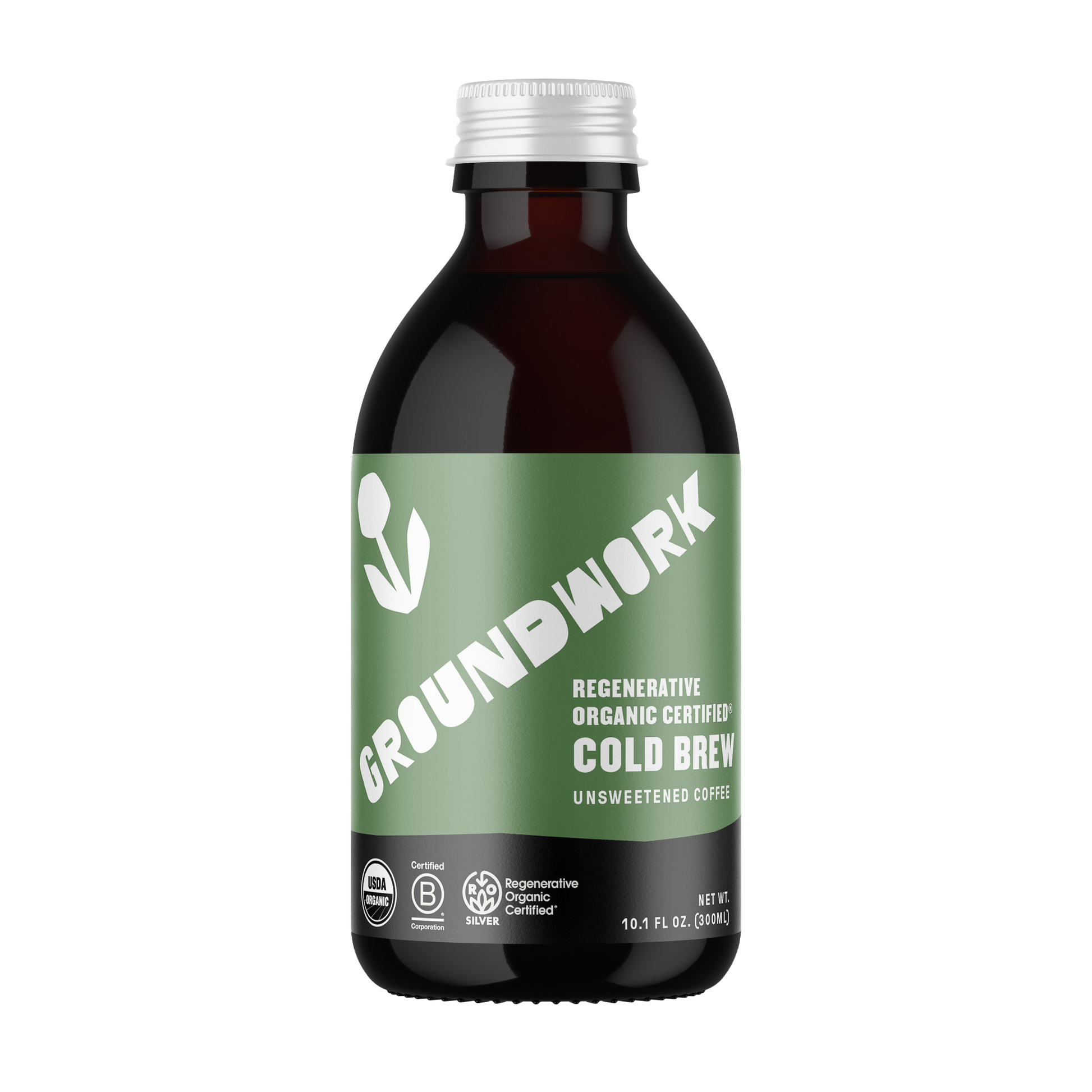 A dark glass bottle labeled Groundwork Coffee Co Regenerative Organic Certified® Cold Brew features a green label with white text and B Corp and Regenerative Organic certifications.