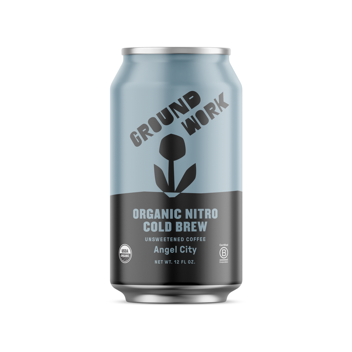 A silver and light blue 12 fl oz can of Groundwork Coffee Organic Angel City Nitro Cold Brew features a stylized plant graphic and offers a pure, creamy texture.