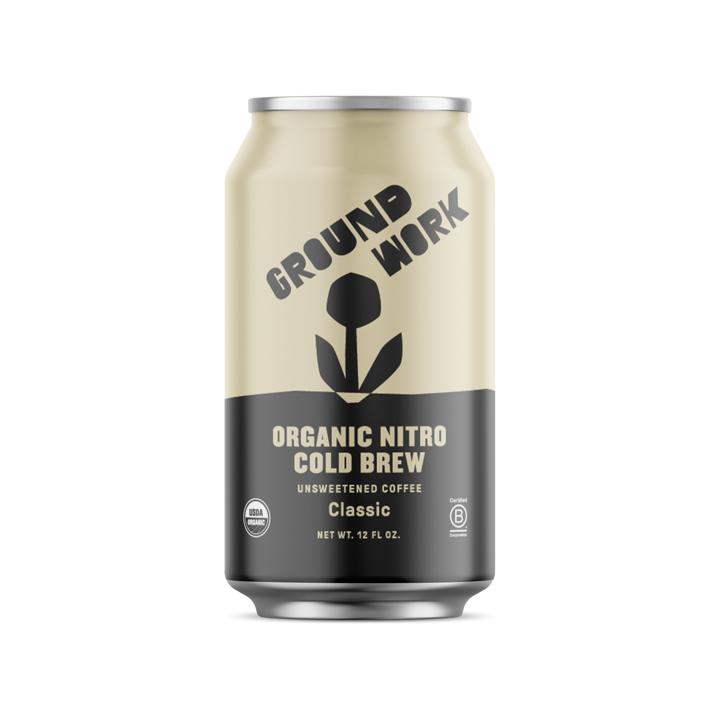 Groundwork Coffee Co Organic Classic Nitro Cold Brew is an unsweetened, creamy coffee in a beige and black can with a plant graphic—ideal for coffee lovers.