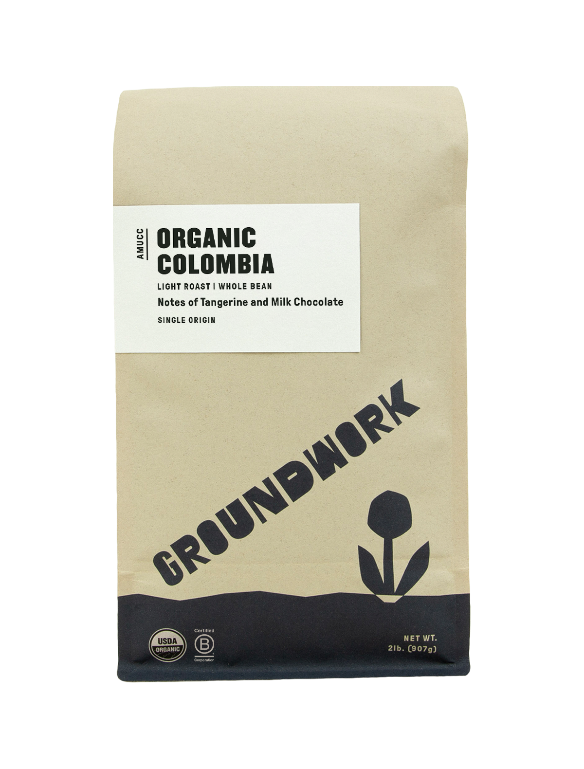 A brown bag of Groundwork Coffees Colombia: AMUCC Fair Trade whole bean coffee with tangerine and milk chocolate notes, simple flower graphic, and USDA Organic seal.