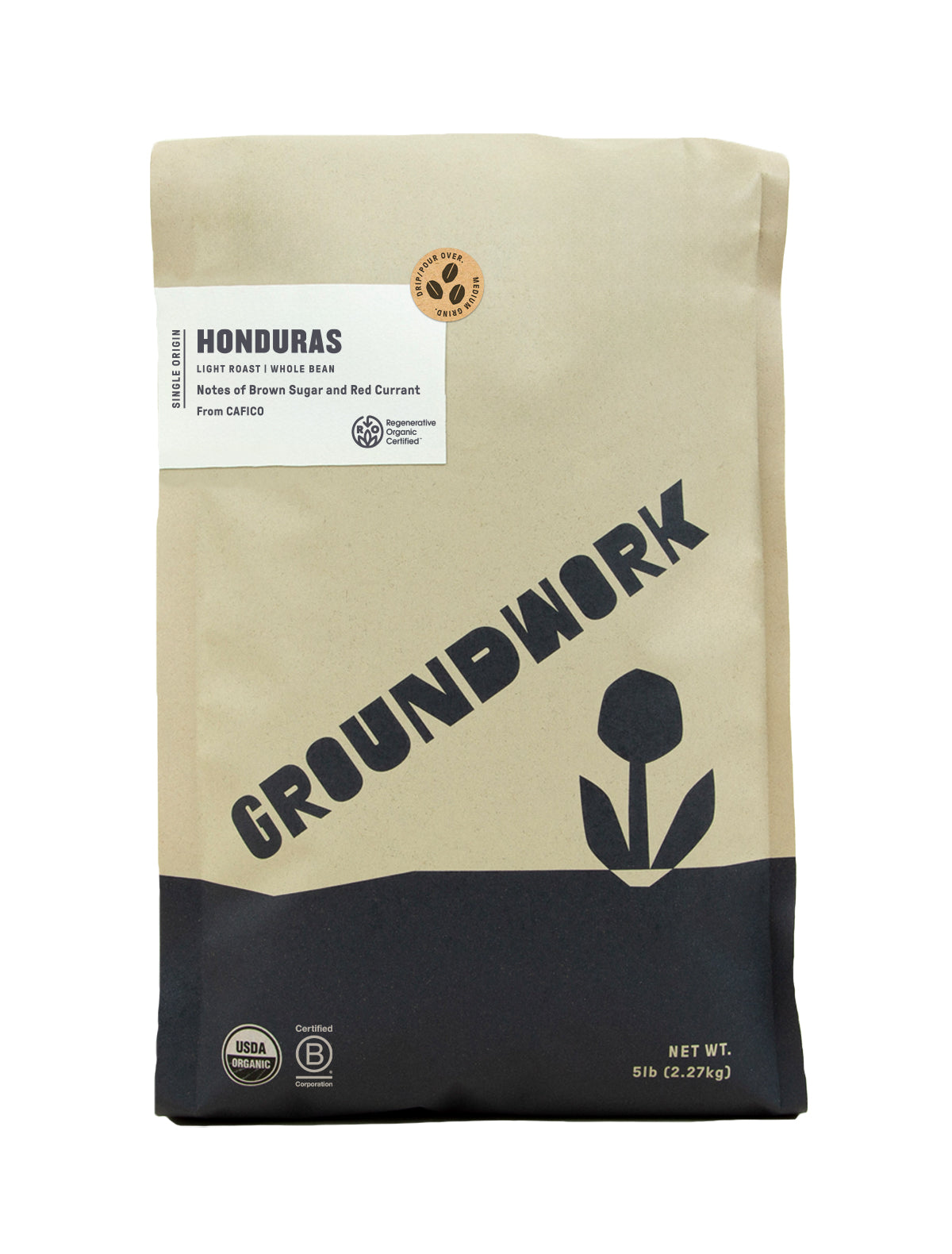 A brown and black bag of Groundwork Coffee's Regenerative Organic Certified® Honduras CAFICO whole bean coffee with a flower design and notes of red currant and brown sugar on the label.