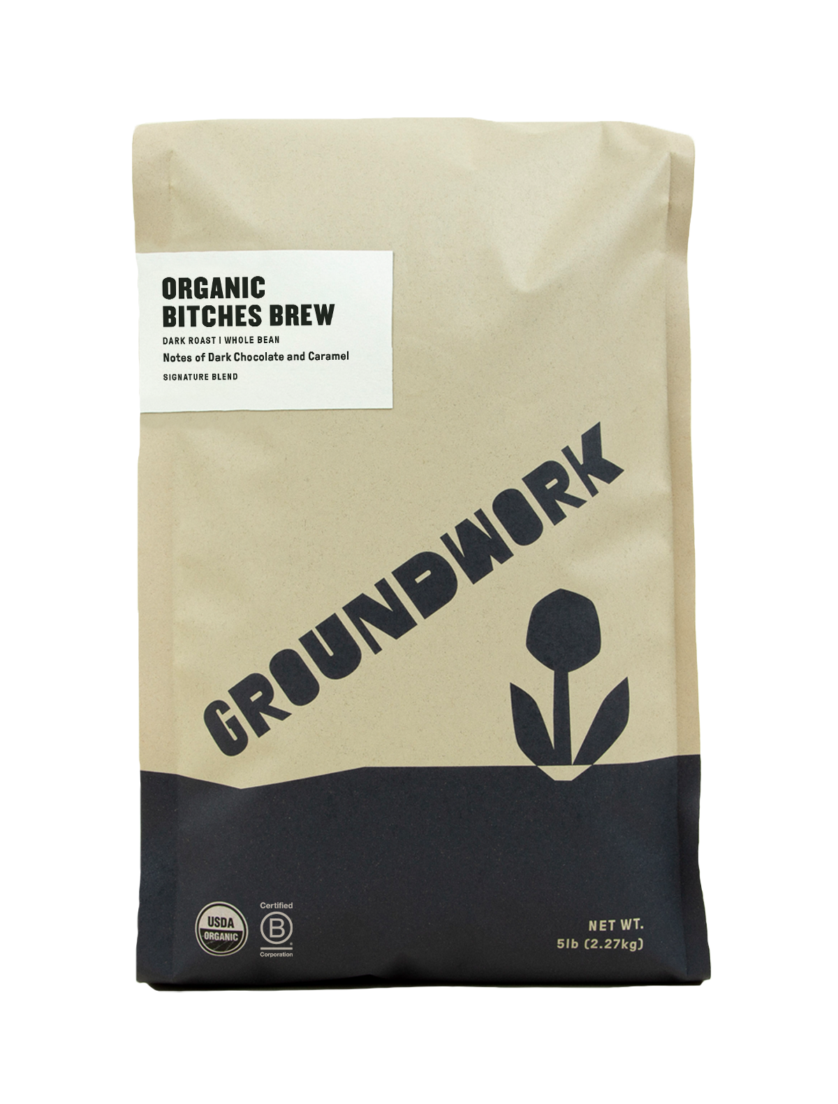 A 5lb brown and black bag of Groundwork Coffee's Bitches Brew, a dark roast with rich dark chocolate and caramel notes.