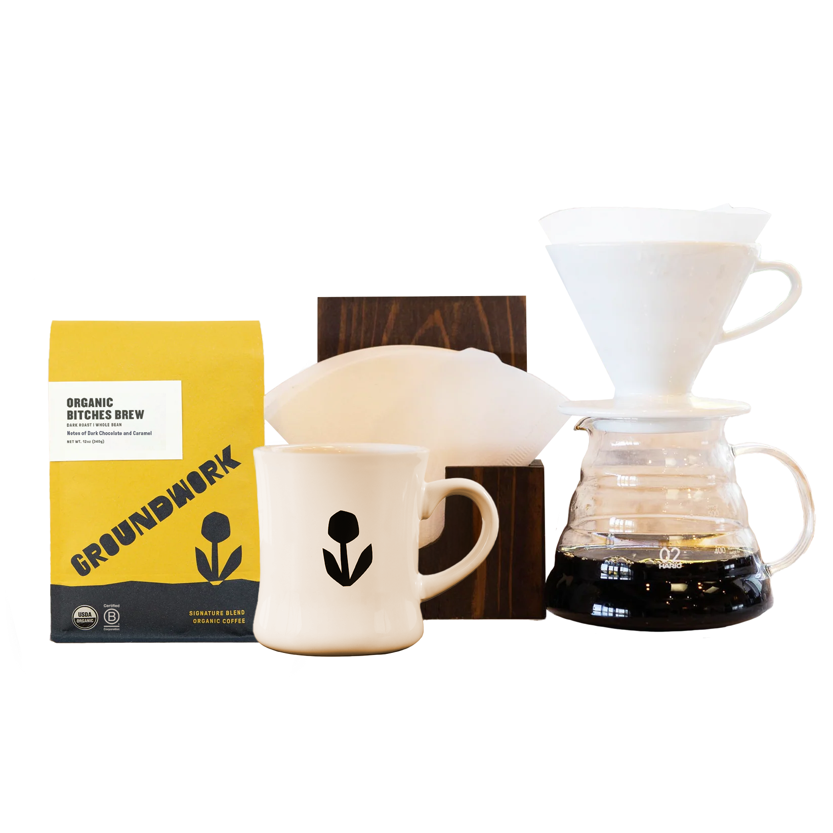 Coffee lovers will love the Hario V60 Pro Kit by Groundwork Coffee, with a yellow bag, mug, dripper, filter holder, and wooden stand on a white background.