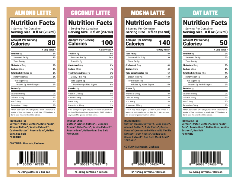 Four nutrition labels for Groundwork Coffee Organic Cold Brew Latte—almond, coconut, mocha, and oat—list calories, low sugar, ingredients, and nutrition per 8 fl oz serving.