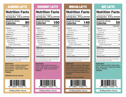 Four nutrition labels for Groundwork Coffee Organic Cold Brew Latte—almond, coconut, mocha, and oat—list calories, low sugar, ingredients, and nutrition per 8 fl oz serving.
