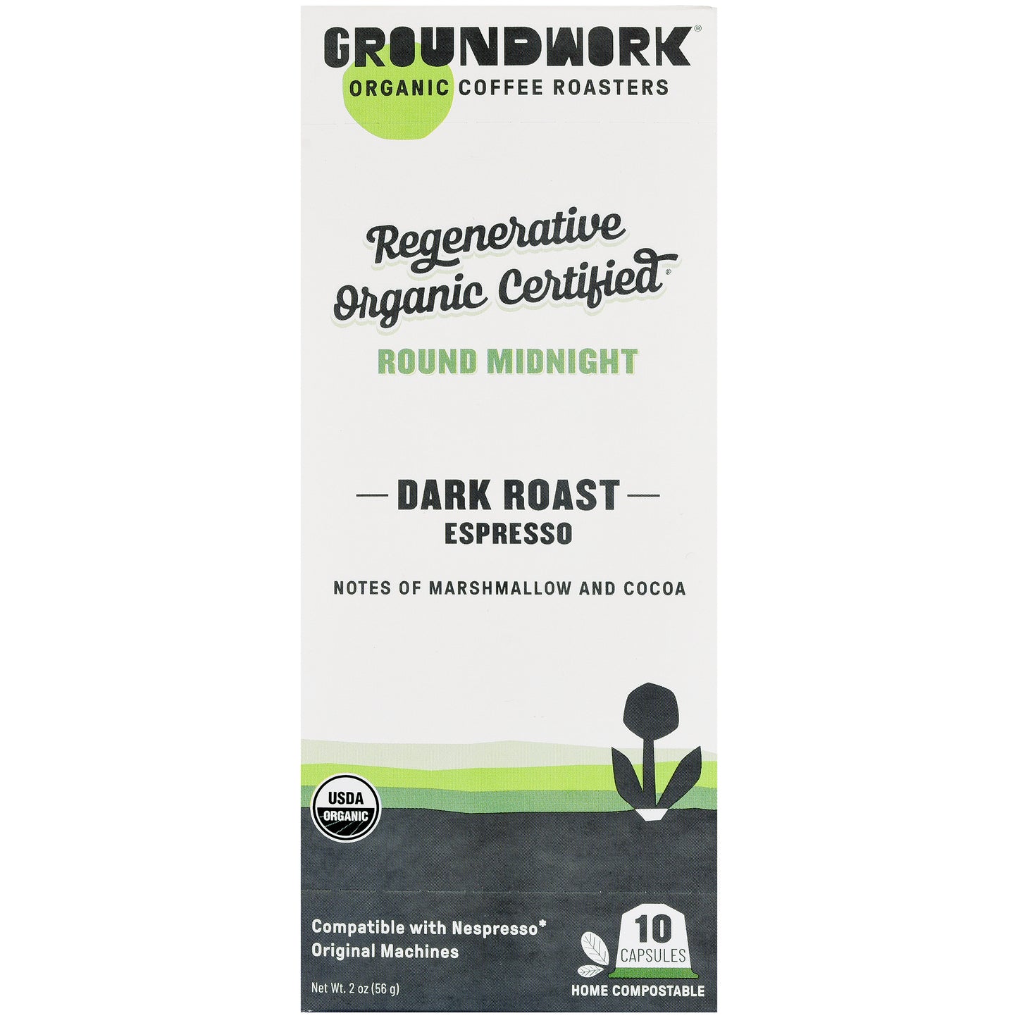 Box of Groundwork Coffee Regenerative Organic Certified® Round Midnight - Nespresso®, dark roast espresso, marshmallow & cocoa notes, 10 capsules.