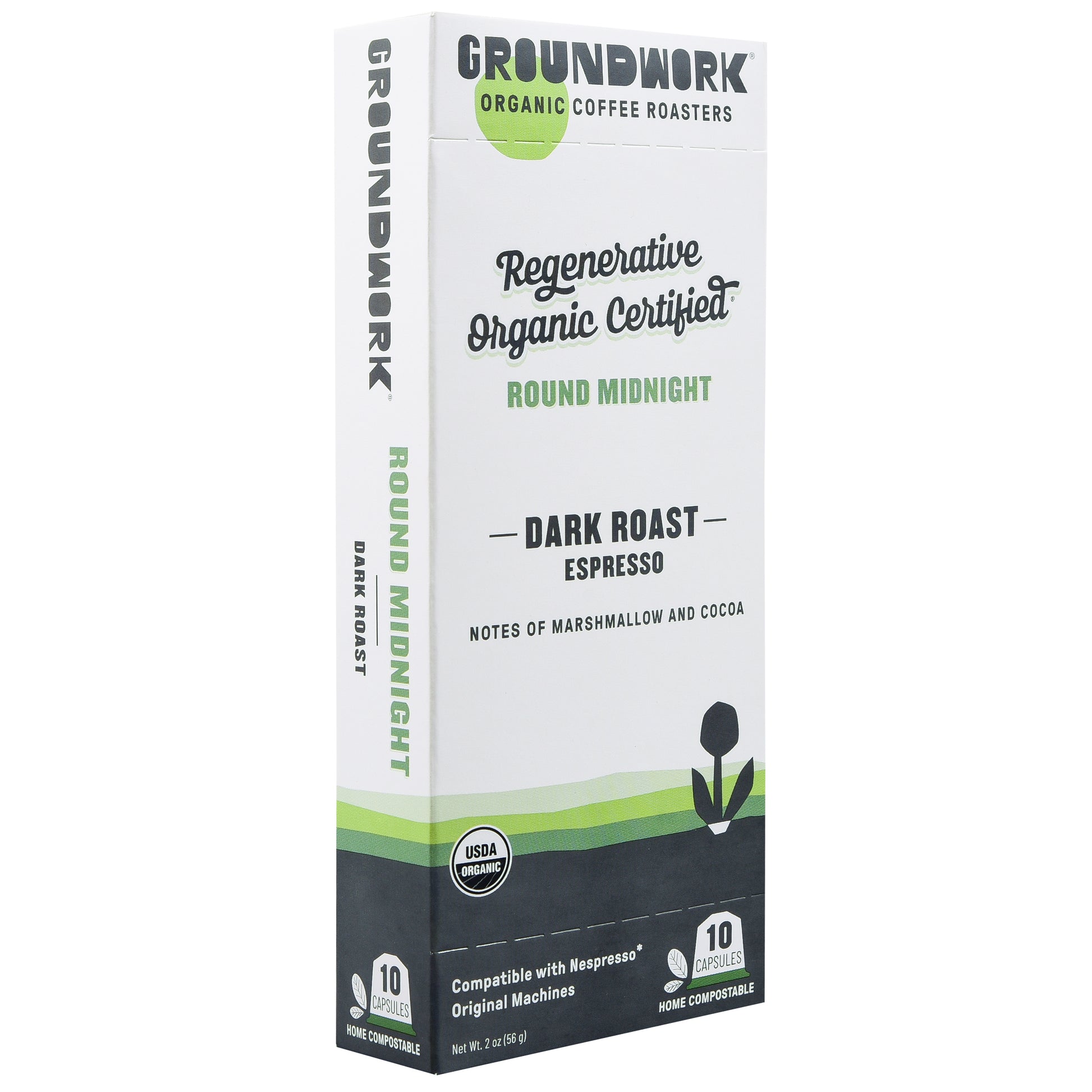A box of Regenerative Organic Certified® Round Midnight Nespresso® pods—compostable coffee capsules with marshmallow and cocoa notes by Groundwork Coffee.