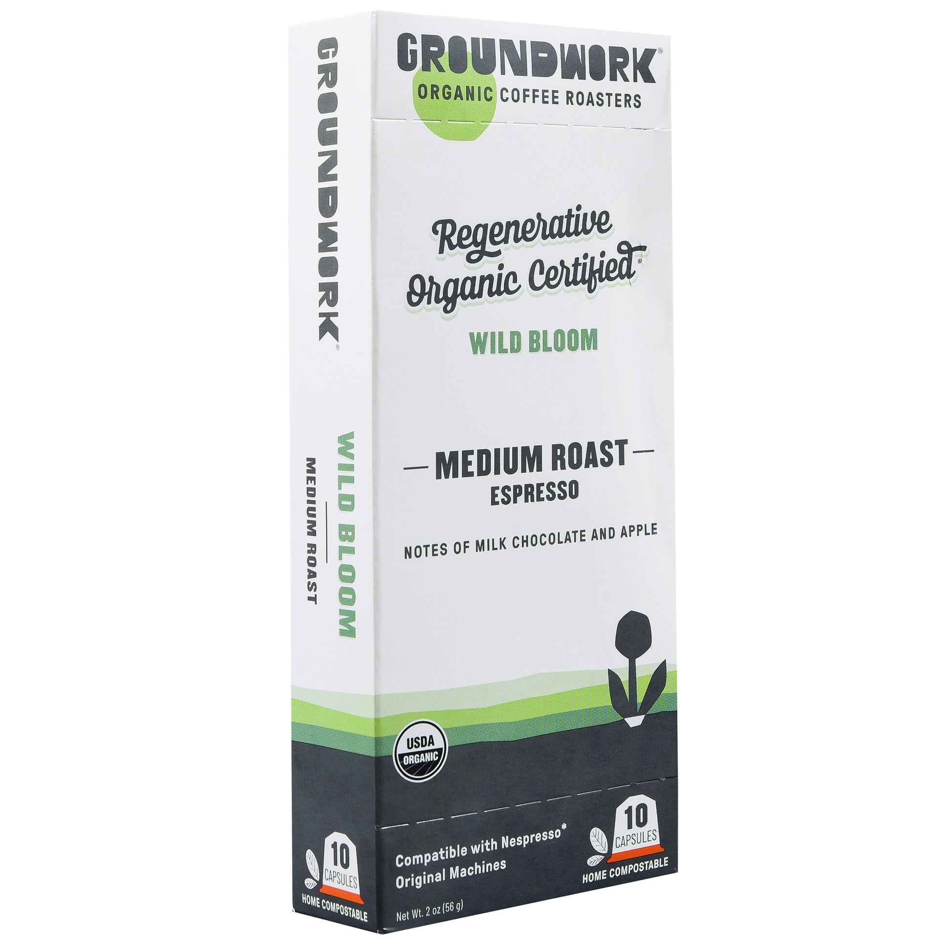 Groundwork Coffee’s Regenerative Organic Certified® Wild Bloom - Nespresso® capsules offer compostable pods with milk chocolate and apple notes.