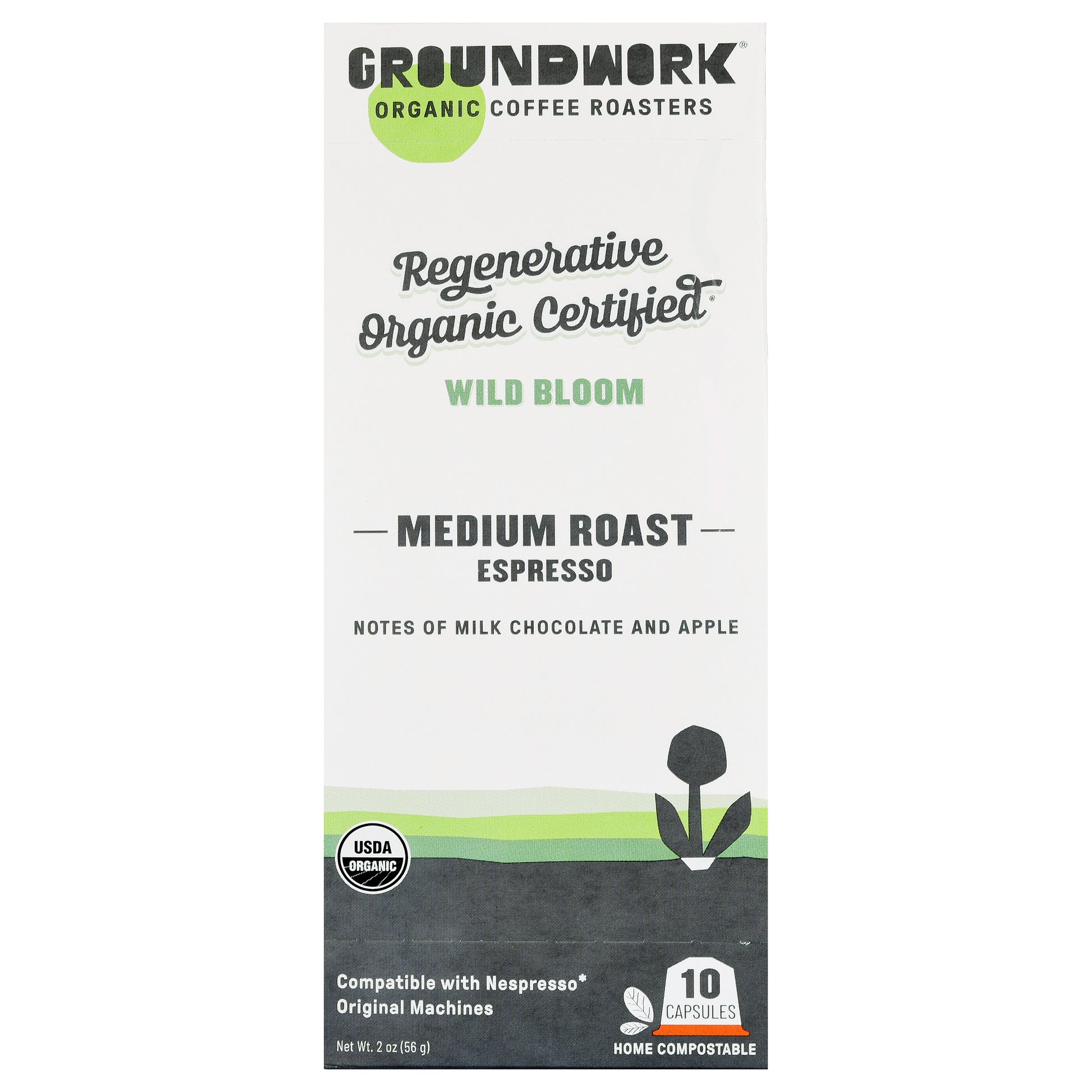 Front of a Groundwork Coffee Regenerative Organic Certified® Wild Bloom - Nespresso® box highlights organic, regenerative certification, and compostable pods.
