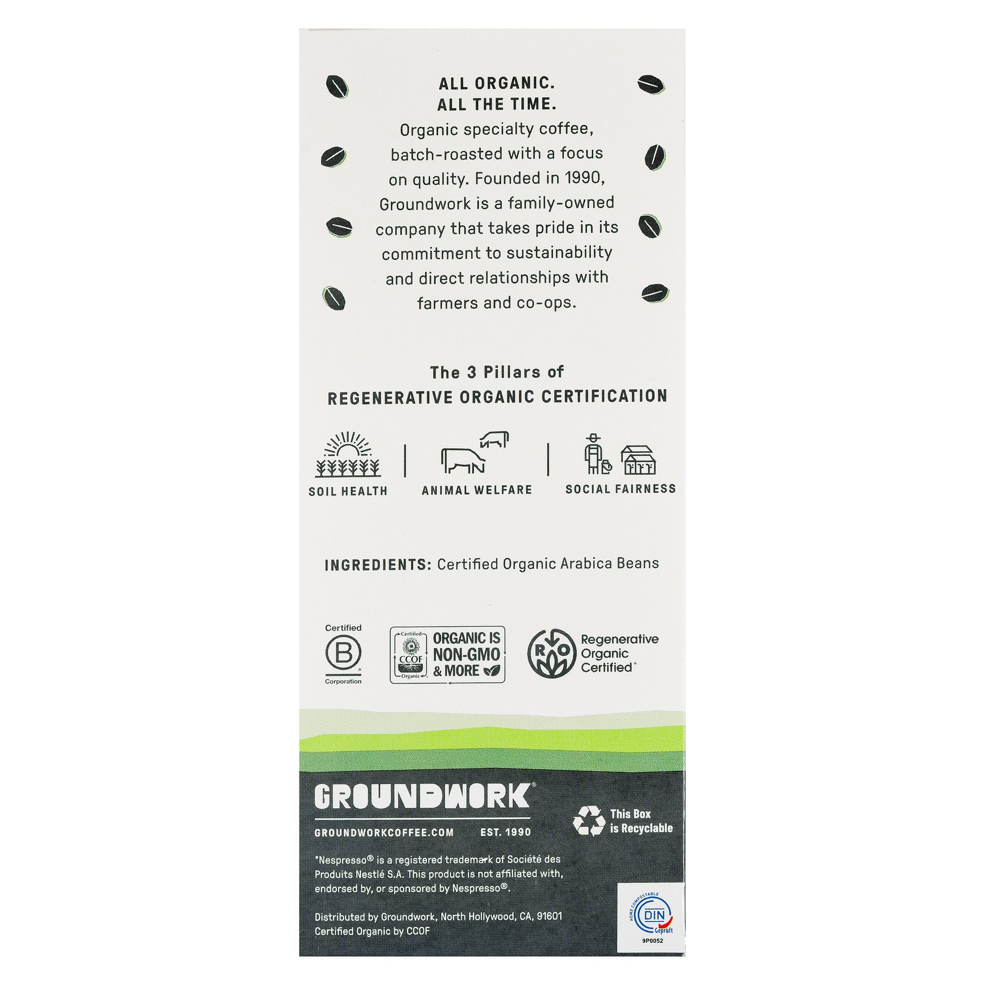 Back of a Groundwork Coffee Nespresso® Variety Pack showing organic certification, compostable espresso pods, and soil health and animal welfare logos.