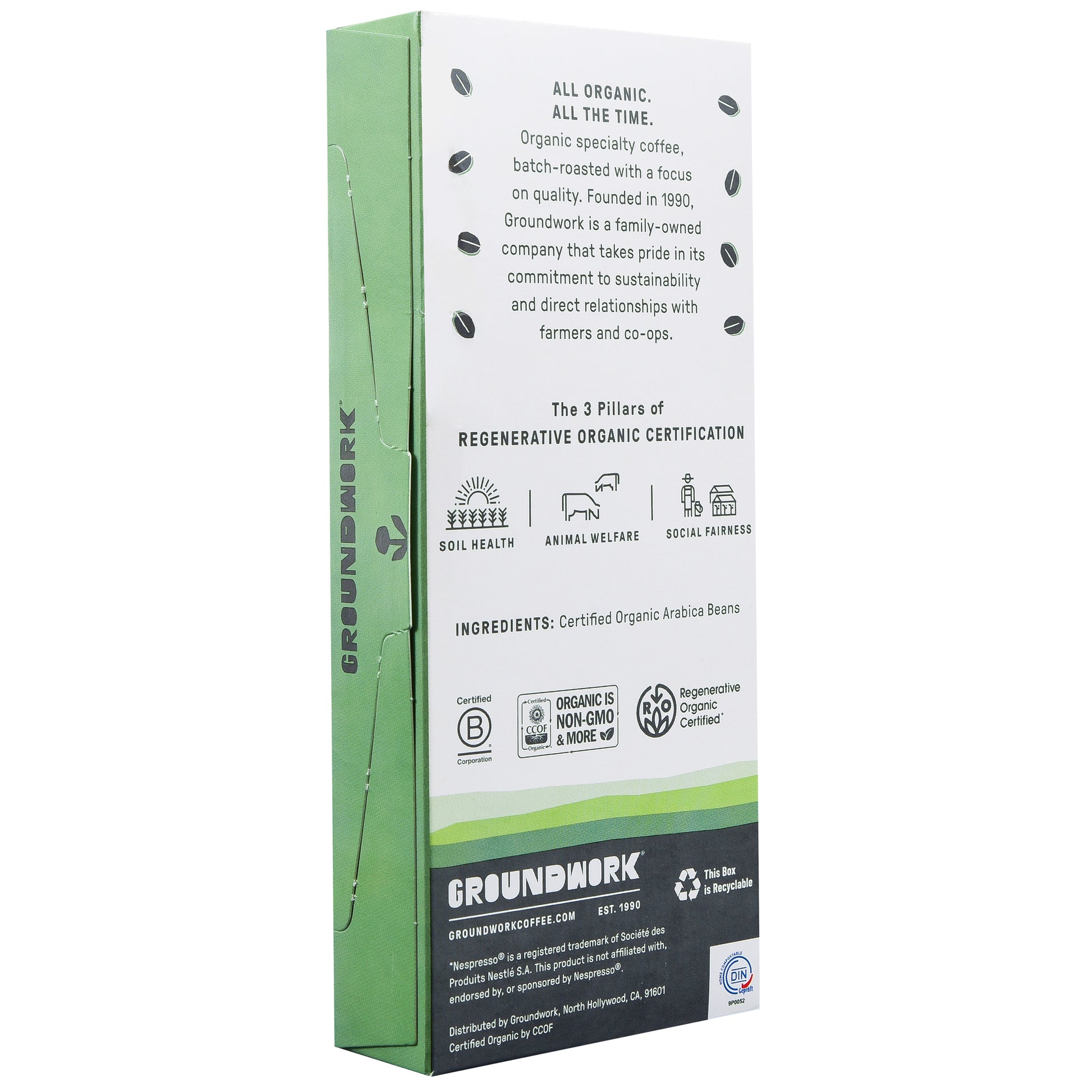 Back of Groundwork Coffee's Regenerative Organic Certified® Wild Bloom - Nespresso® package showing regenerative principles, certification text, and compostable pod logos.