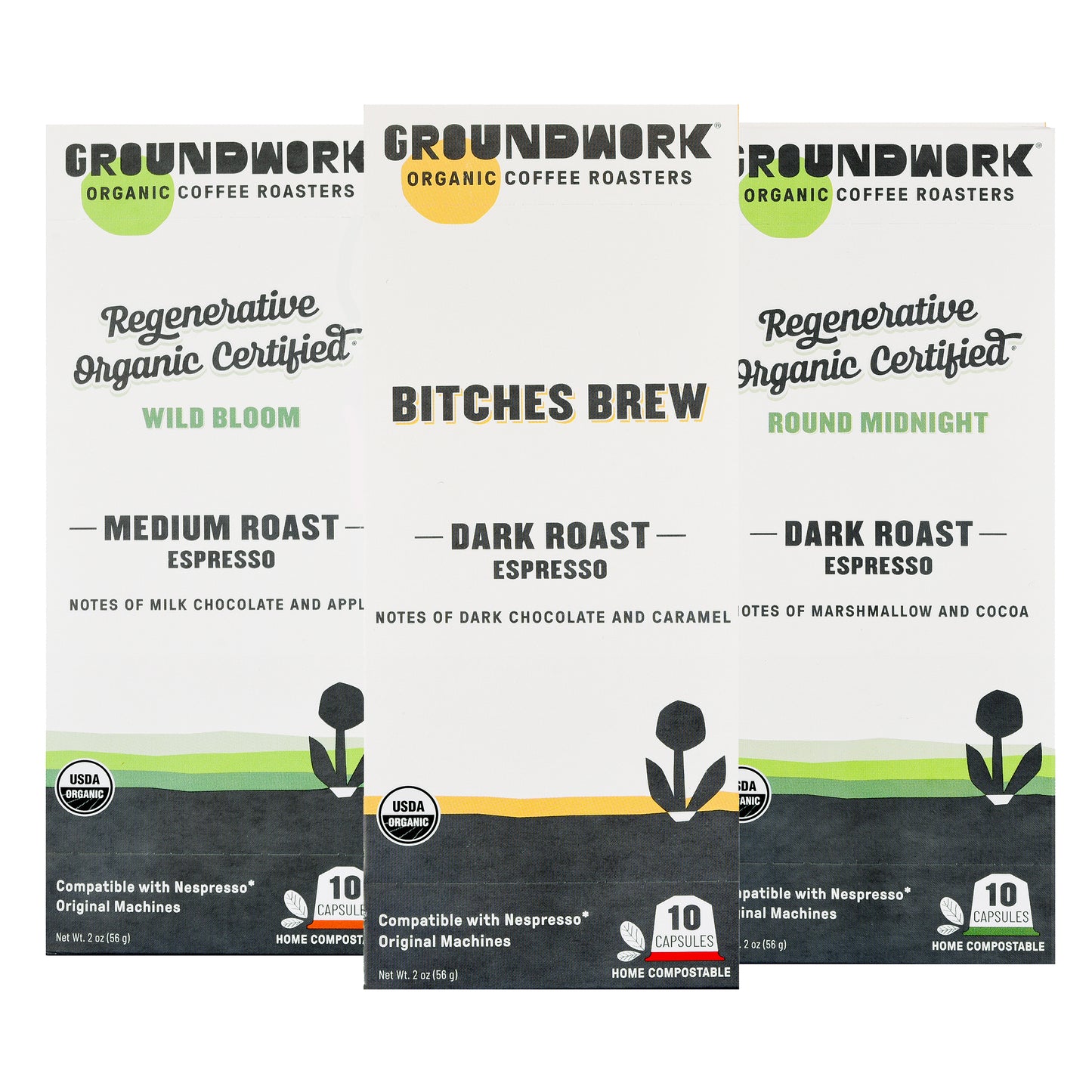 Three boxes of Groundwork Coffee’s Nespresso® Variety Pack—certified compostable pods in Wild Bloom, Bitches Brew & Round Midnight flavors with tasting notes.