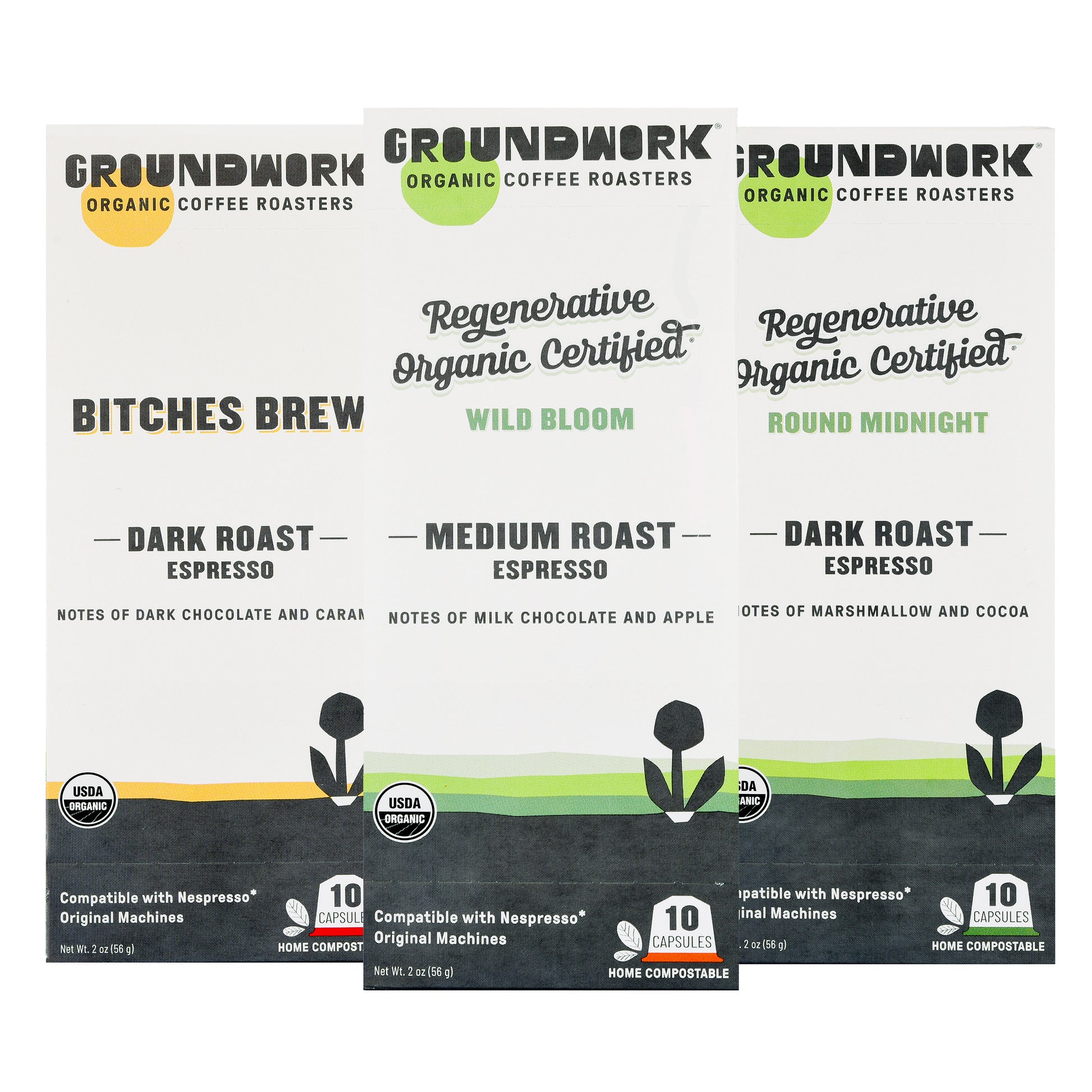 Groundwork Coffee's Nespresso® Variety Pack features certified compostable espresso pods compatible with Nespresso machines.