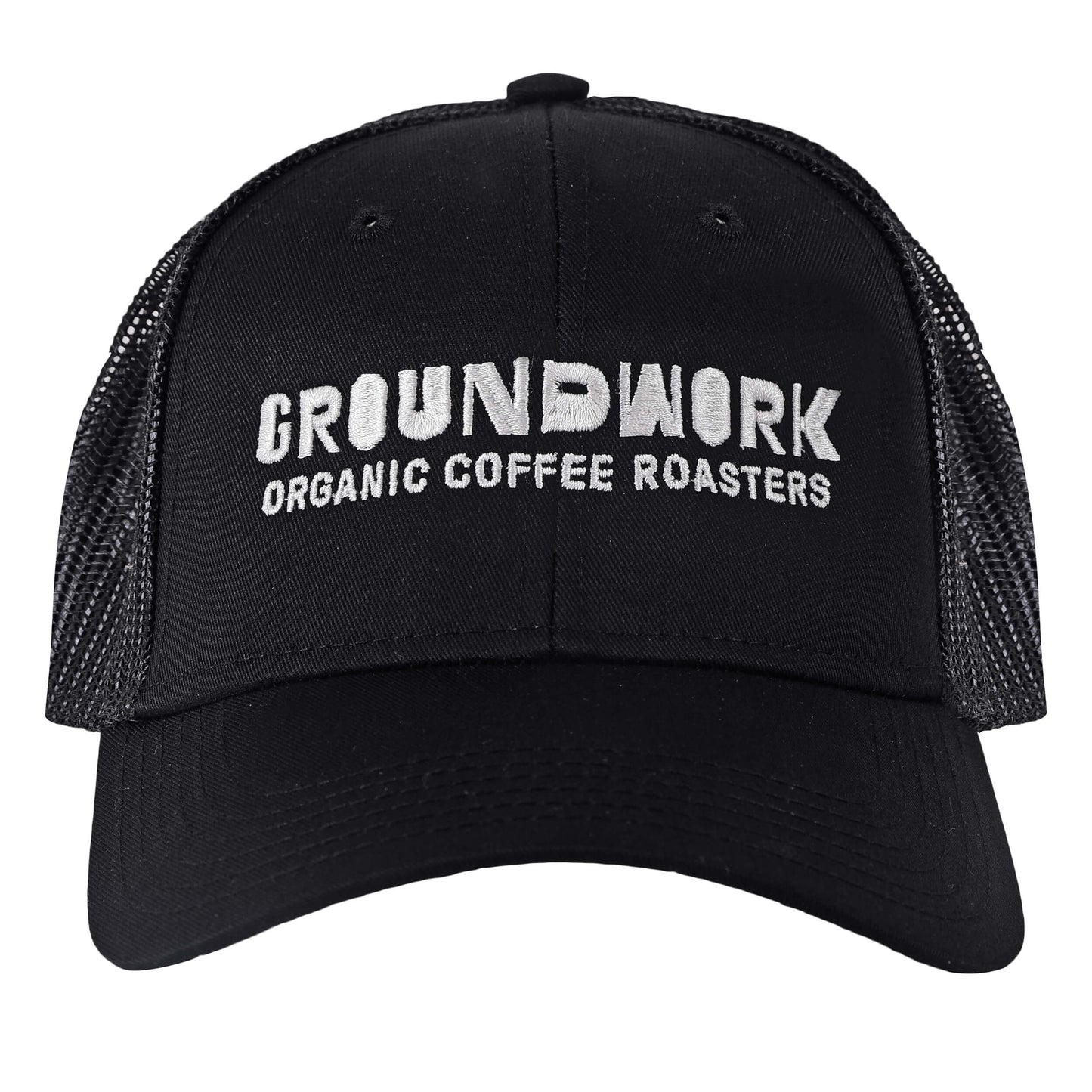 The black Groundwork Trucker Hat by Groundwork Coffee features a mesh back and white "GROUNDWORK ORGANIC COFFEE ROASTERS" embroidery on the front.