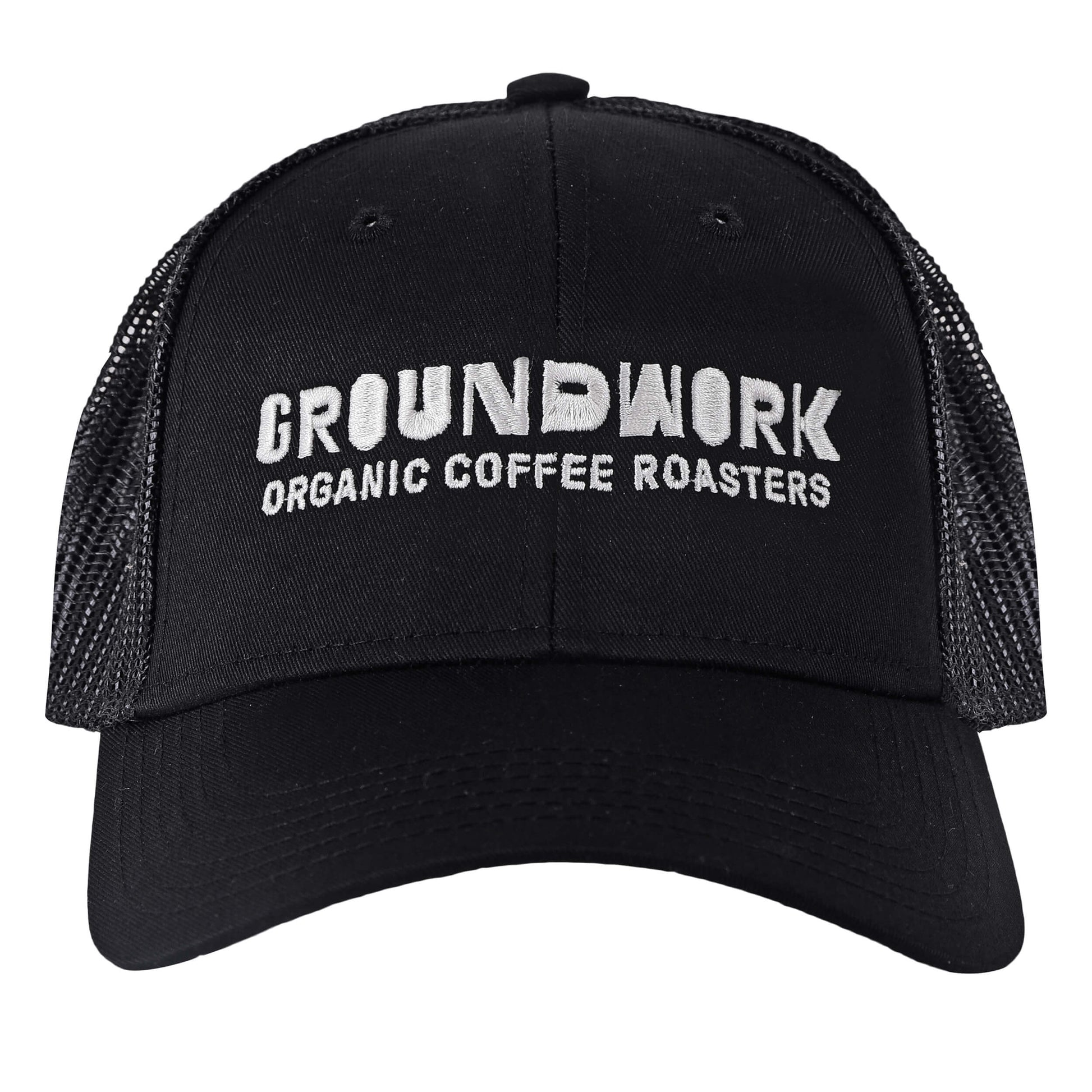 The black Groundwork Trucker Hat by Groundwork Coffee features a mesh back and white "GROUNDWORK ORGANIC COFFEE ROASTERS" embroidery on the front.