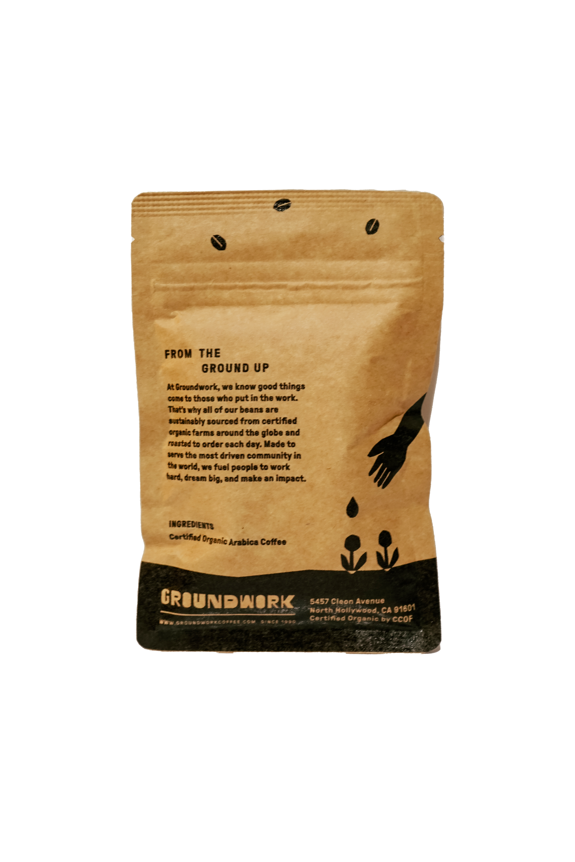 A brown Coffee Sample bag from Groundwork Coffee, featuring black text and graphics, highlights organic certified Arabica beans and Signature Blends.