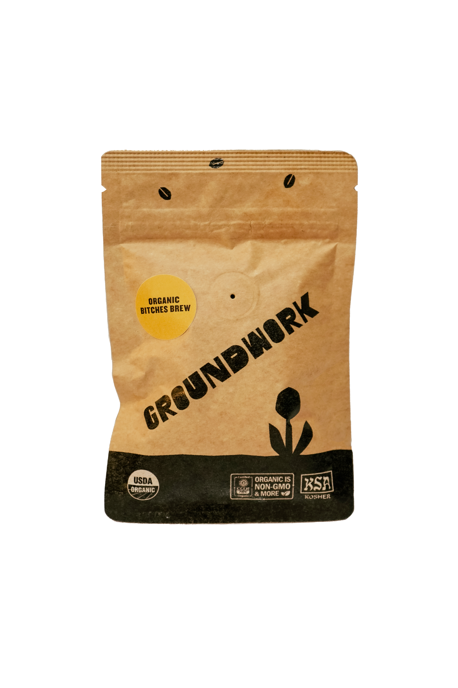 A brown bag of Groundwork Coffee labeled Coffee Sample, part of their Signature Blends, with USDA Organic and non-GMO certifications on the front.