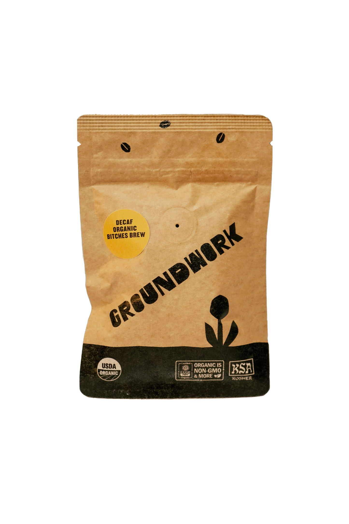 A brown, resealable bag of Groundwork Coffees Coffee Sample, featuring organic and fair trade certifications from their Signature Blends line.