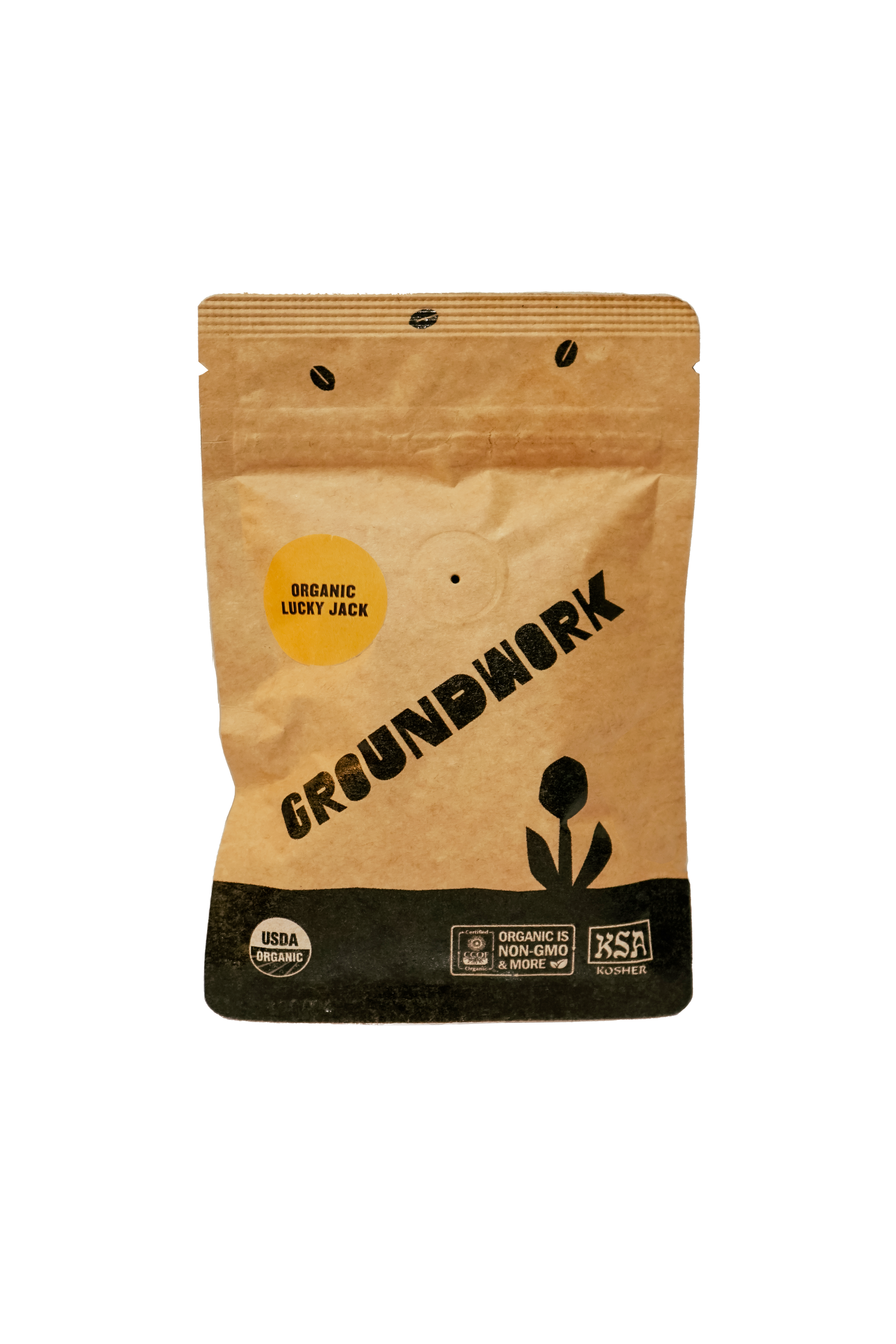 A brown Groundwork Coffee bag labeled Coffee Sample features minimalist black graphics and certification logos from their Signature Blends collection.