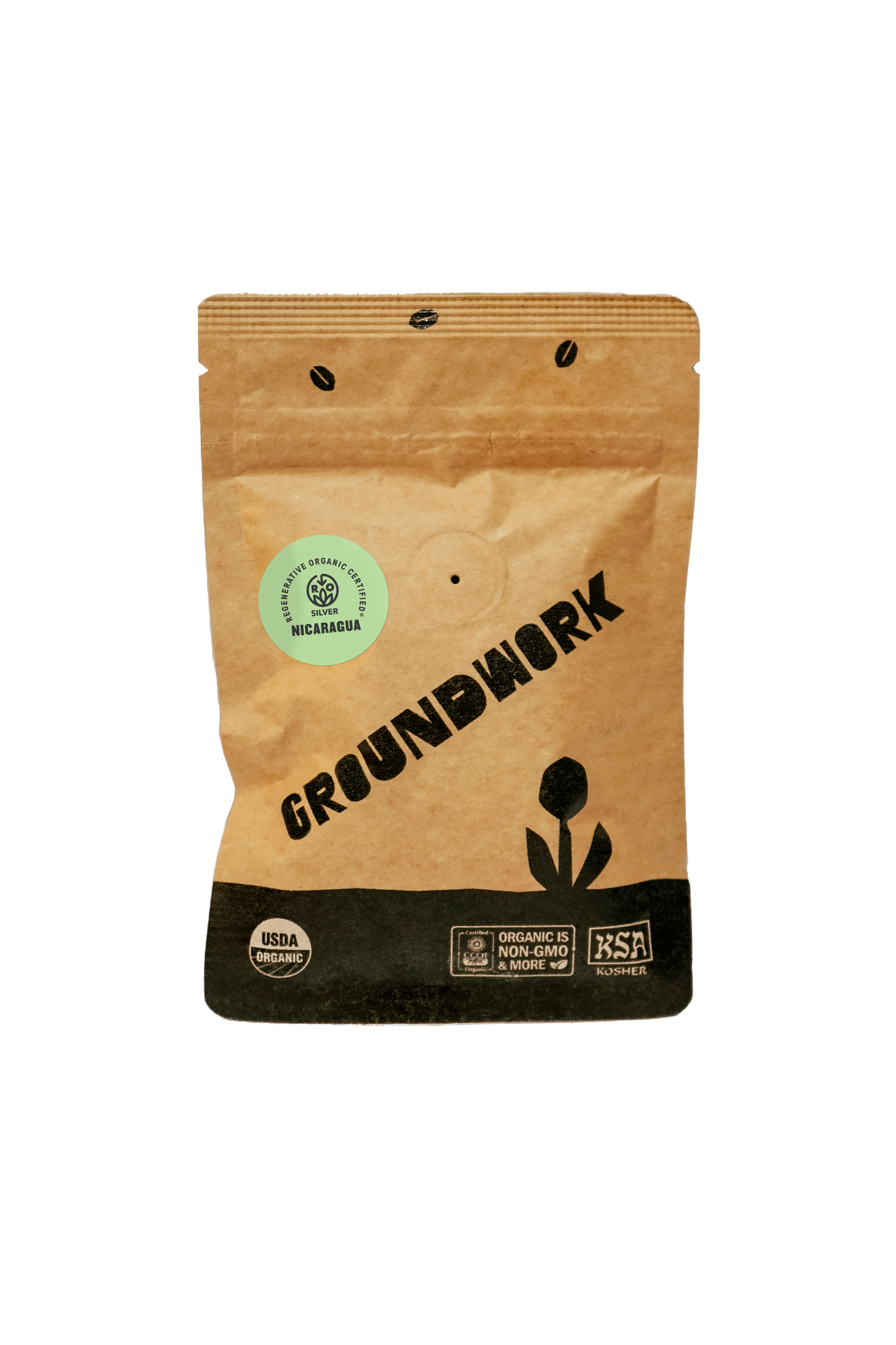 A brown, resealable bag of Groundwork Coffees Coffee Sample with organic and BSA Roasted logos at the bottom.