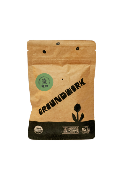 A brown bag of Groundwork Coffees Coffee Sample, labeled PERU and featuring USDA Organic and BSA icons—ideal for single origin coffee lovers.