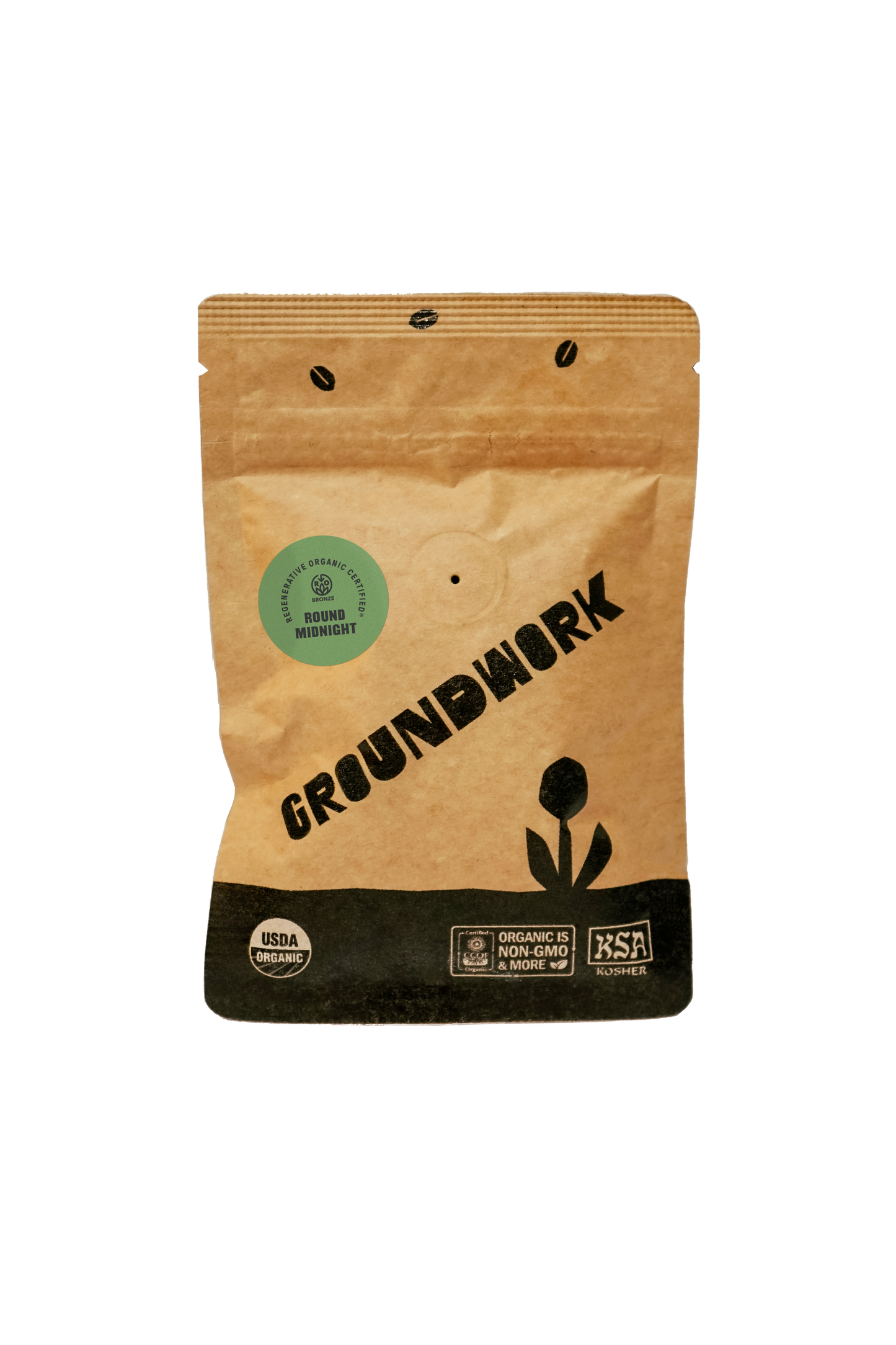 A kraft paper 2oz sample coffee pouch labeled “GROUNDWORK” with a black base and flower logo, featuring a green circular sticker that reads “Regenerative Organic Certified – Round Midnight.” 
The pouch also displays USDA Organic, KSA Kosher, and “Organic is Non-GMO & More” certification logos at the bottom.