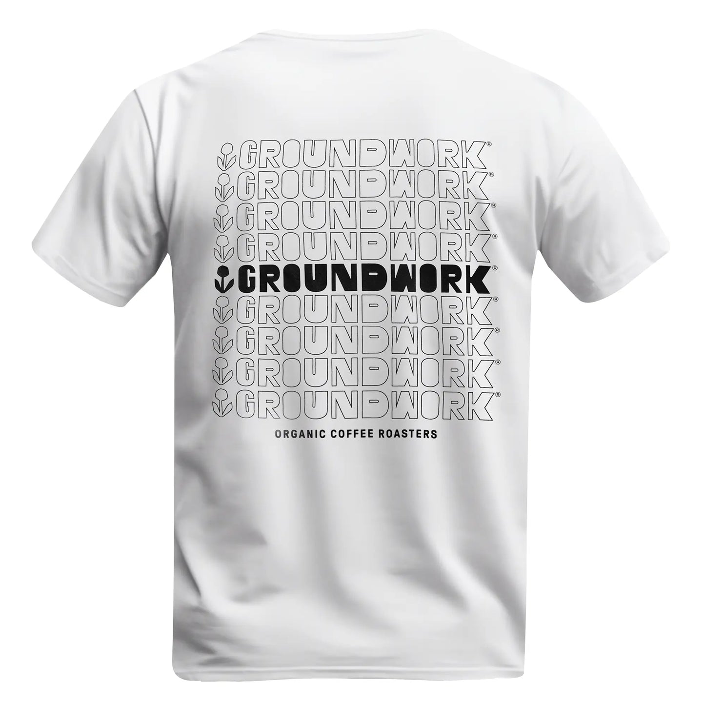 The back of the T-shirt with the word GROUNDWORK repeated twelve times in a centered grid of thin black outlines, with the fifth row printed in solid black next to the flower icon and the words ORGANIC COFFEE ROASTERS printed below.