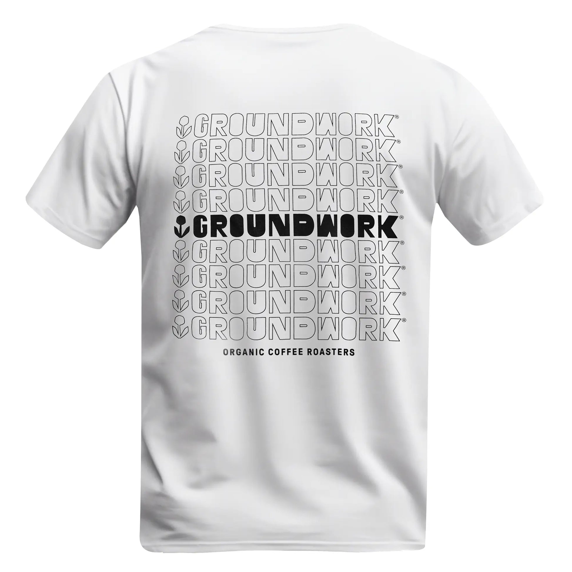 The back of the T-shirt with the word GROUNDWORK repeated twelve times in a centered grid of thin black outlines, with the fifth row printed in solid black next to the flower icon and the words ORGANIC COFFEE ROASTERS printed below.