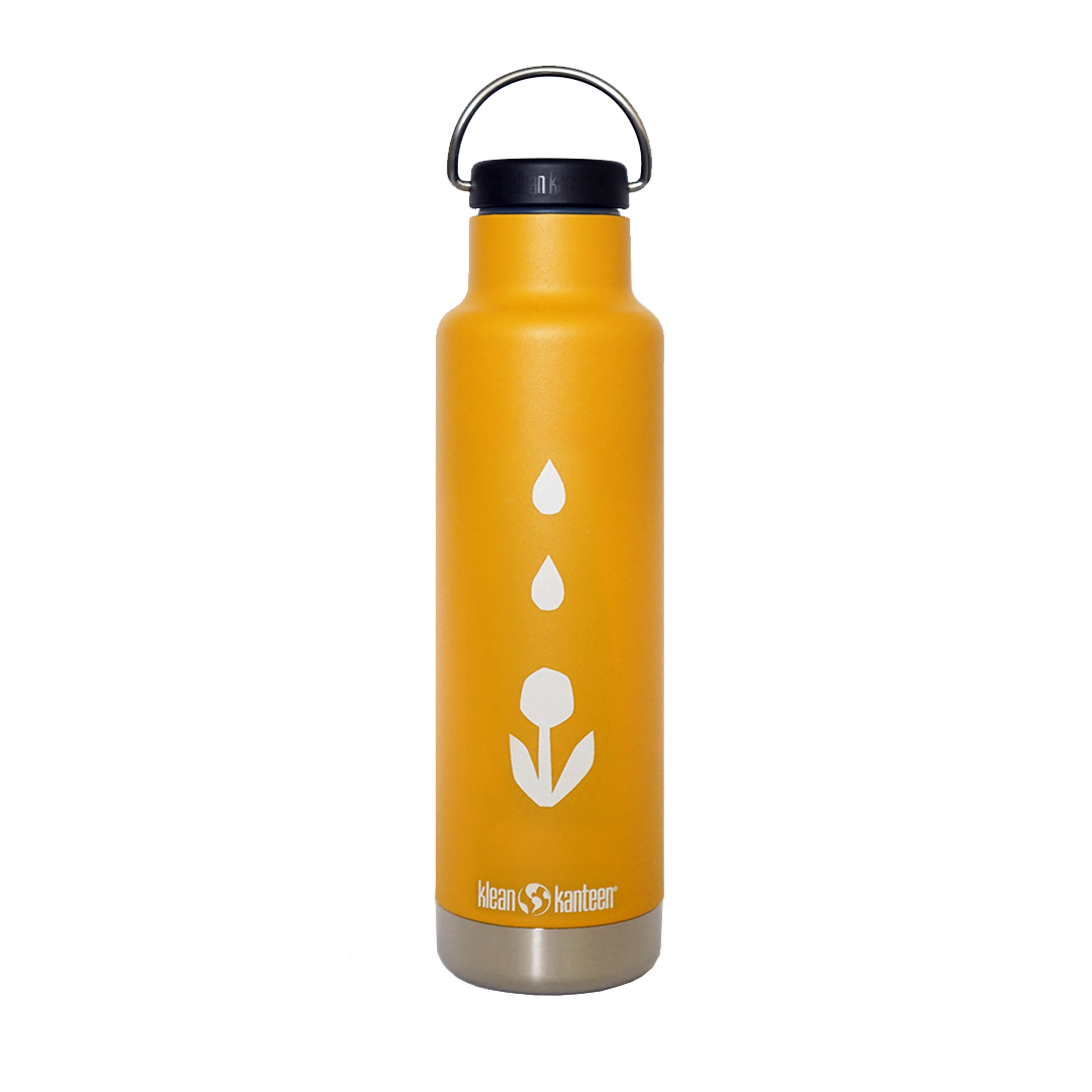 The Klean Kanteen 20oz Insulated Water Bottle by Groundwork Coffee is yellow with a black lid, silver base, and features a white droplet and plant design on the front.