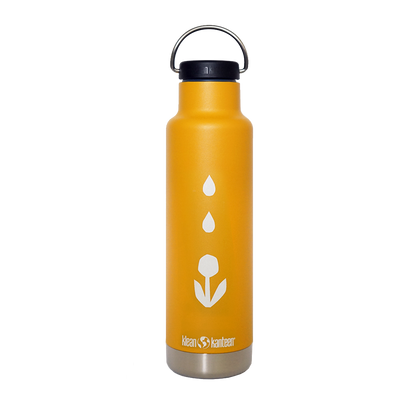 The Klean Kanteen 20oz Insulated Water Bottle by Groundwork Coffee is yellow with a black lid, silver base, and features a white droplet and plant design on the front.
