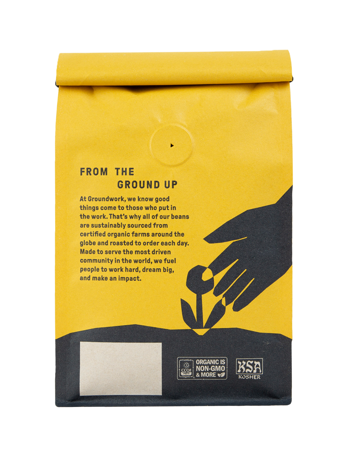back of bag 12oz Decaf organic bitches brew dark roast