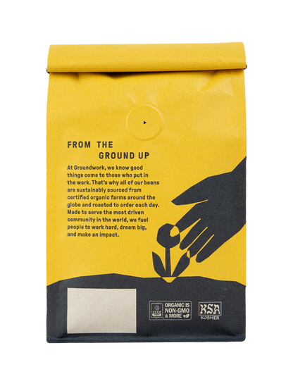back of bag 12oz Decaf organic bitches brew dark roast