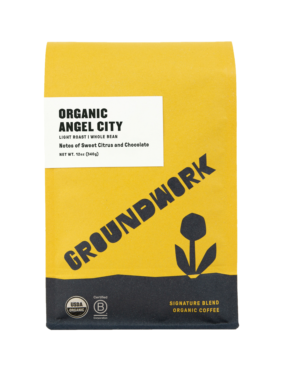Groundwork Coffee’s Angel City is a light roast whole bean coffee with milk chocolate and sweet citrus notes, certified organic and B Corp, in a yellow and black bag.