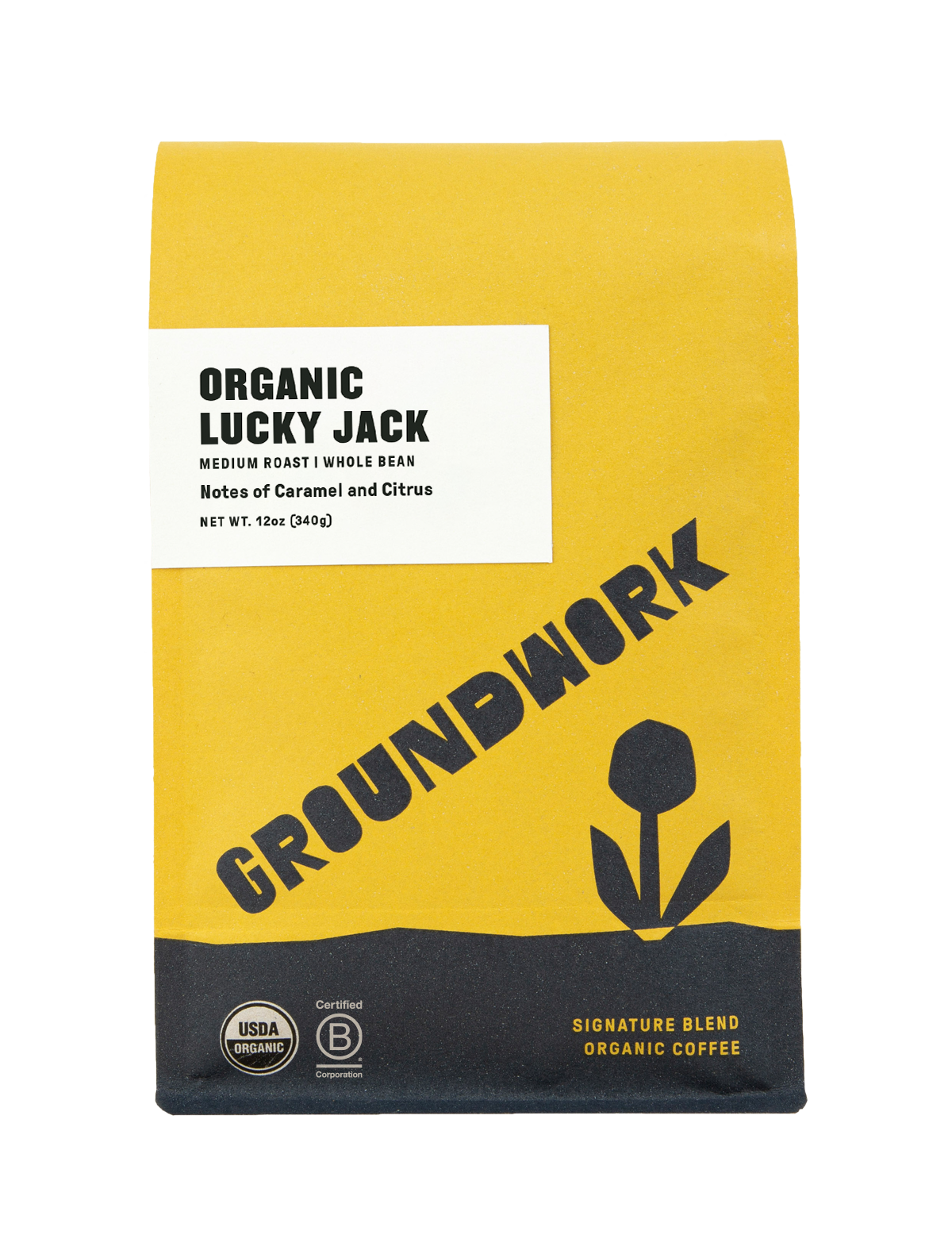 A 12 oz yellow and gray bag of Groundwork Coffee Lucky Jack Medium Roast whole bean, with caramel and citrus notes and coffee certifications.