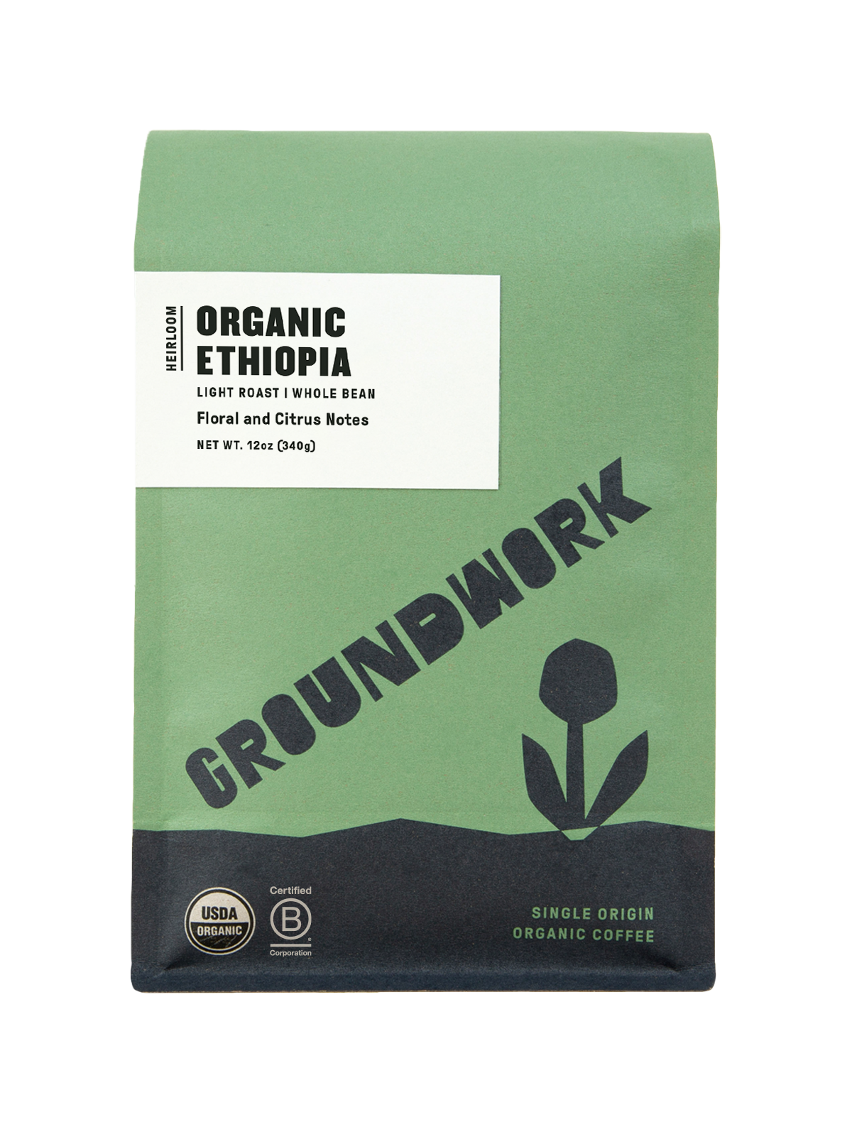 A green bag of Groundwork Coffee Ethiopia: Heirloom Blend whole bean, a single origin organic coffee with floral and citrus notes.