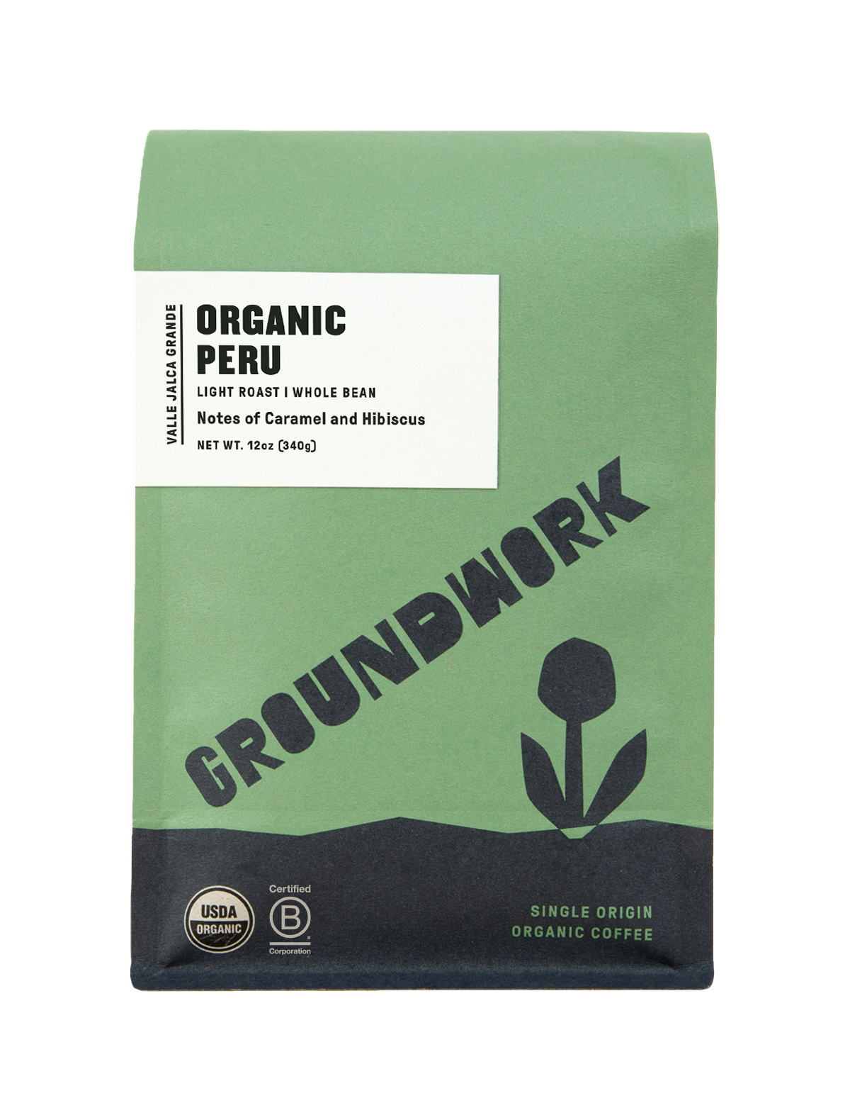 A green bag of Groundwork Coffee Store Peru: Valle Jalca Grande whole bean coffee with caramel and hibiscus notes, featuring organic and certified B Corp logos.