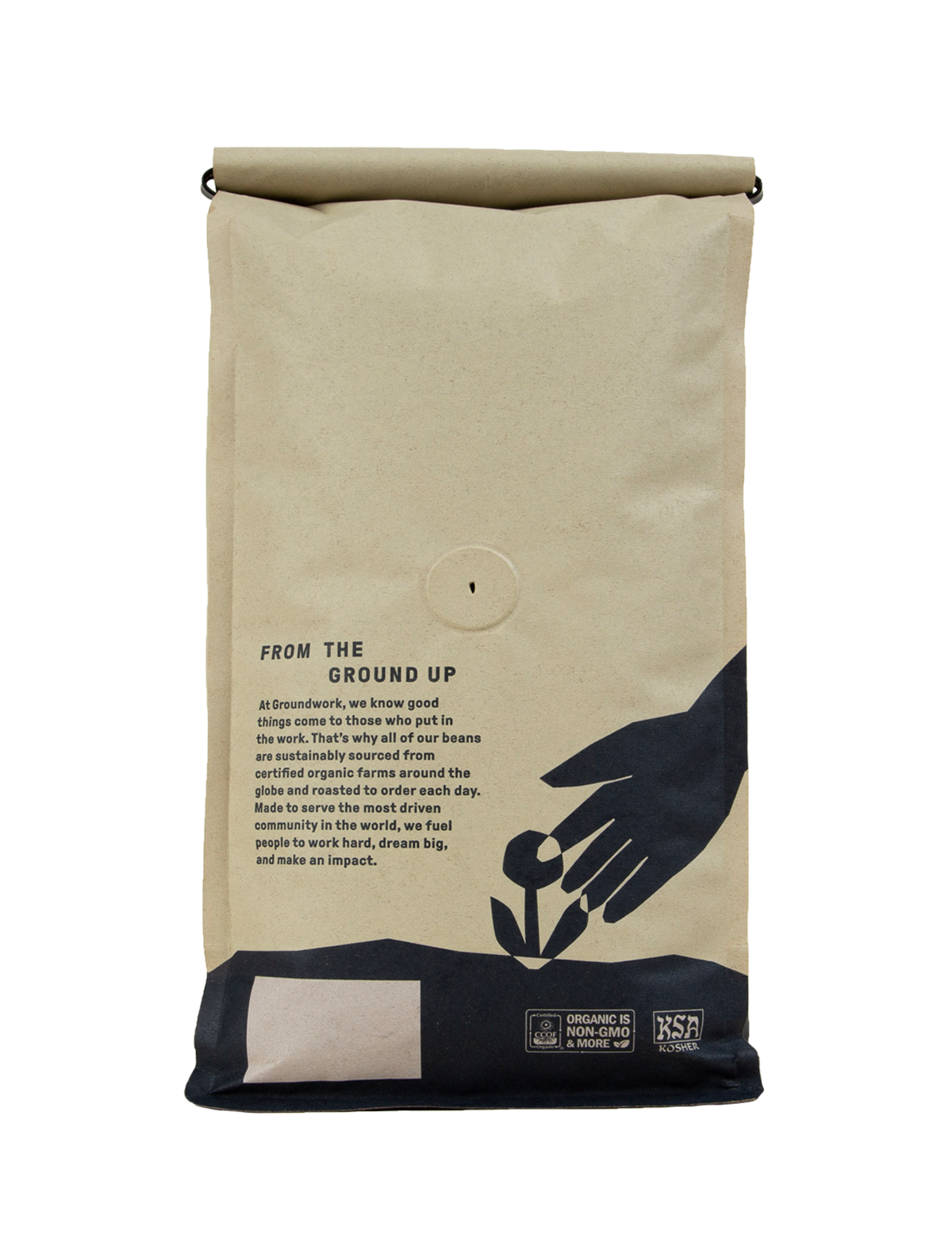 A brown Black Gold coffee bag by Groundwork Coffee Co features black minimalist hand-planting art, organic certifications, and notes of rich dark roast chocolate.