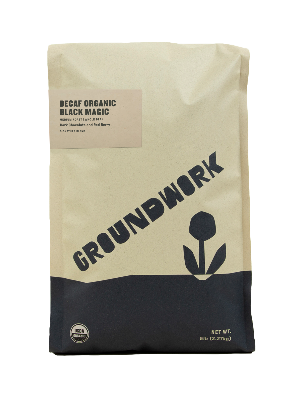 A tan 5 lb bag of Groundwork Decaf Black Magic Espresso, with a black flower graphic, labeled as medium roast, whole bean, with notes of dark chocolate and red berry.
