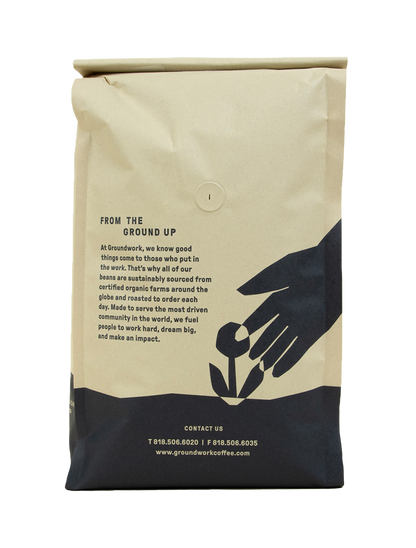 back of bag 5lb Decaf Organic Angel City Light roast