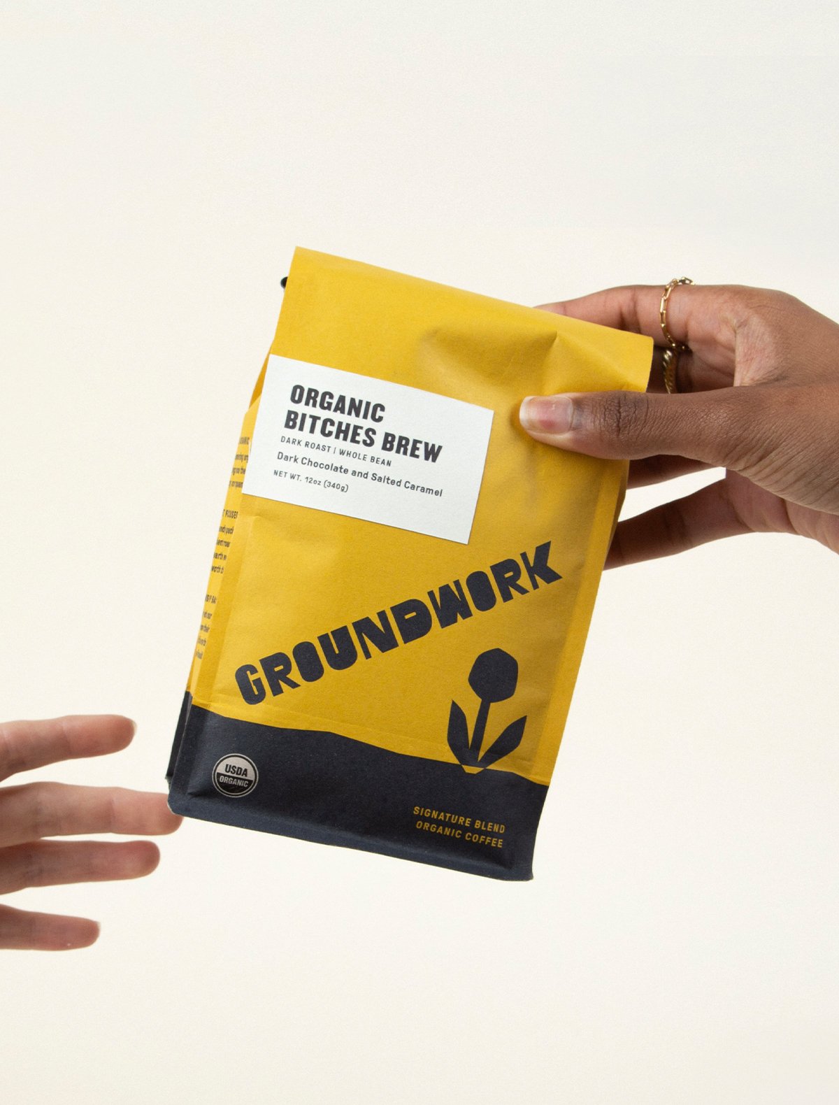 Two hands exchange a box of Groundwork Coffee Cos Greatest Gift: Coffee - 6 Months—a perfect present or addition to your Groundwork subscription.
