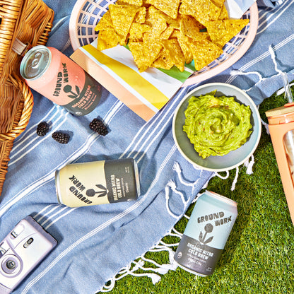 A picnic scene with Groundwork Coffee Co Organic Classic Nitro Cold Brew, guacamole, tortilla chips, blackberries, a camera, and a striped cloth on grass.